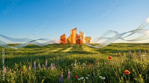 Futuristic golden city rising from green meadow with flowing energy waves