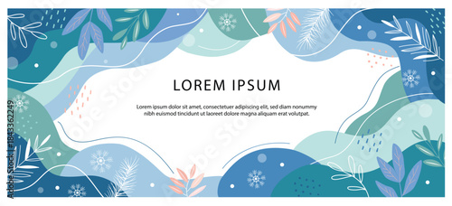 Winter abstract frame with flowing blue shapes, snowflakes and botanical elements. Minimal seasonal illustration with copy space for banners, cards, invitations and holiday design arts.