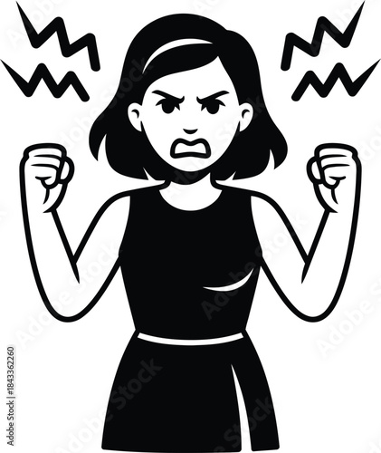 Angry Girl Expression Vector Illustration – Cartoon Woman Silhouette Isolated on White Background
