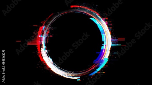 Glitched neon circle with distortion on black