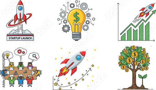 Collection of startup growth illustrations featuring rocket launch, business innovation, teamwork ideas, financial success symbols, money tree concepts, and rising graph artwork