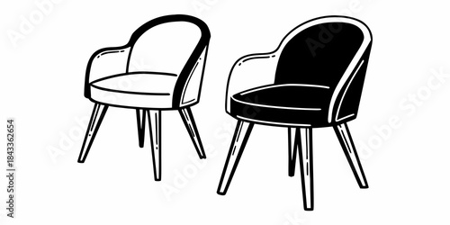 Industrial tripod stool vector set, minimalist wooden drafting chair silhouette and line art illustration isolated on white background.