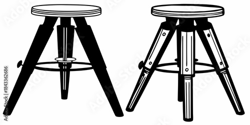 Industrial tripod stool vector illustration, minimalist wooden chair silhouette and line art set isolated on white background.