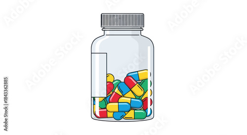 Colorful Capsules in a Clear Prescription Bottle with Label.