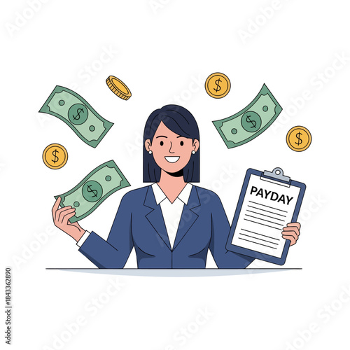Smiling businesswoman joyfully receiving salary, holding money and a payday document, symbolizing financial reward and successful earnings