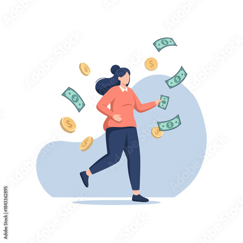 Joyful woman embracing a shower of cash, symbolizing financial prosperity, success, and the thrill of wealth accumulation