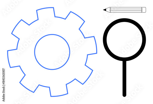 Workflow diagrams, technical analysis, brainstorming, problem-solving, productivity tools, efficiency. Outline of gear, magnifying glass and pencil. Workflow diagrams and technical analysis concept