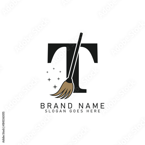 Letter T House Cleaning Broom Logo. Alphabet T Cleaning Brush Icon