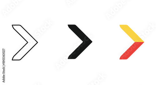Set of three greater than symbols in different colors and styles