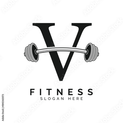 Letter V Gym Logo Design. Alphabet V Barbell symbol Icon