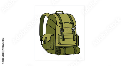 Olive Green Backpack with Multiple Pockets and Rolled Mat.