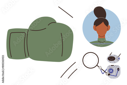 Green boxing glove in motion, magnifying glass held by AI robot near a female avatar in circular frame. Ideal for technology, analysis, combat metaphor, robotics, AI innovation, profiling, teamwork