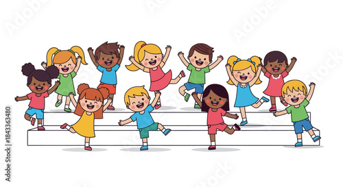 Group of Diverse Children Cheering and Jumping on Steps Vector Illustration.