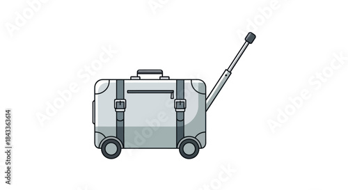 A silver rolling suitcase with a telescopic handle and straps.