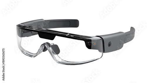 Advanced smart augmented reality safety glasses with transparent shield integrated sensors camera industrial wearable eyewear isolated on white background
