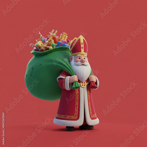 A 3D image of a cure cartoon themed picture of Saint Nicholas with  a bag full of gifts
