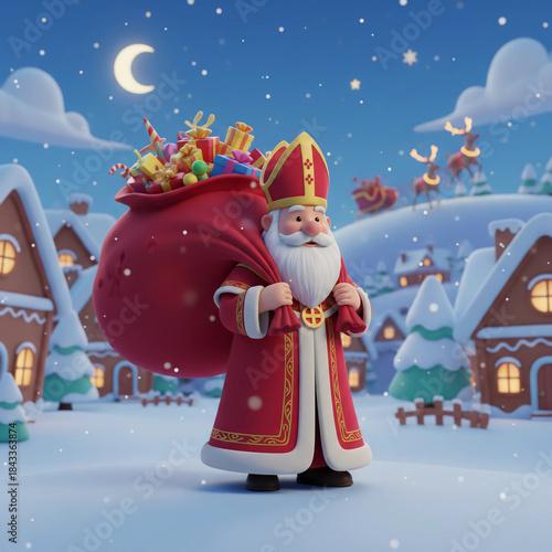 A 3D image of a cure cartoon themed picture of Saint Nicholas with  a bag full of gifts in a winter background.
