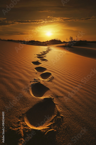 Footsteps Across Golden Desert at Sunset