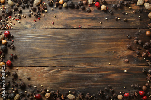 Rustic Wooden Table With Assorted Spices And Copy Space