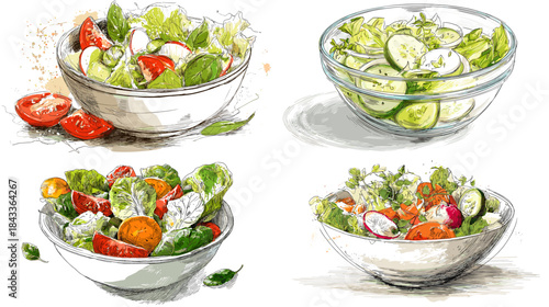 Hand drawn salad bowls filled with tomatoes, cucumbers, greens, and herbs, illustrated in a fresh and vibrant food sketch style.
