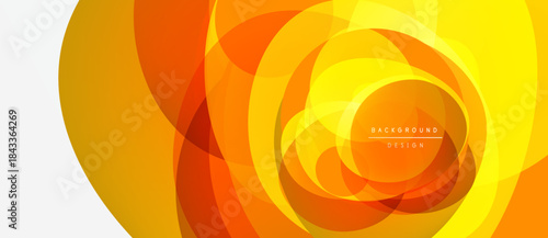 Abstract orange, yellow layers create dynamic circular design. Modern background suitable for banners, presentations. Bright, warm tones.