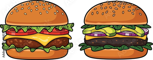 Two delicious cartoon burgers with different toppings showcasing classic and modern flavors