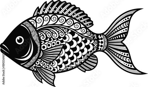 Intricate zen doodle of a fish black and white detailed ornamental illustration