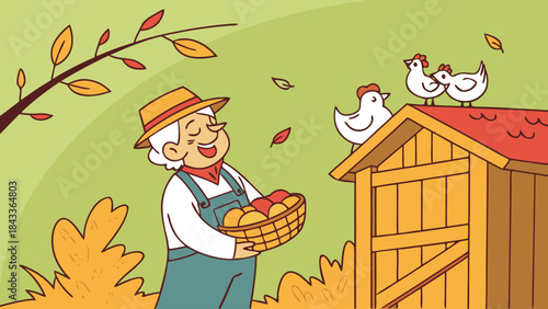 Happy Elderly Farmer Harvesting Autumn Apples with Chickens at Coop
