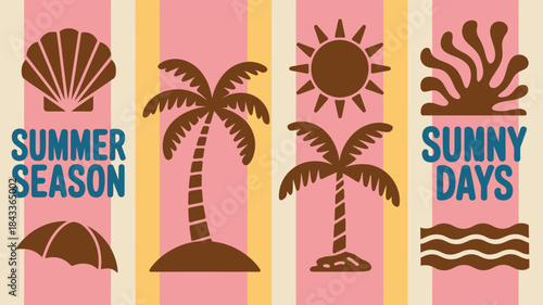 Retro beach graphics, Summer season clipart, Tropical vacation icons,Flat coastal elements,Vintage striped summer illustration with sun and palm trees, Decorative beach-themed vector set for sunny day
