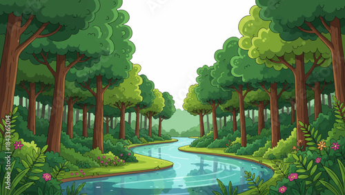 lush forest surrounding a winding river, featuring dense vegetation, layered trees, and a thriving natural ecosystem, on white isolated sky