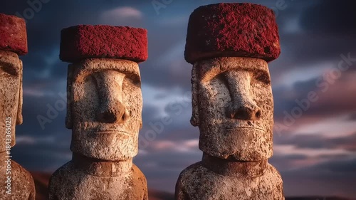 Three stone statues with red hats sunset backdrop ancient artifacts