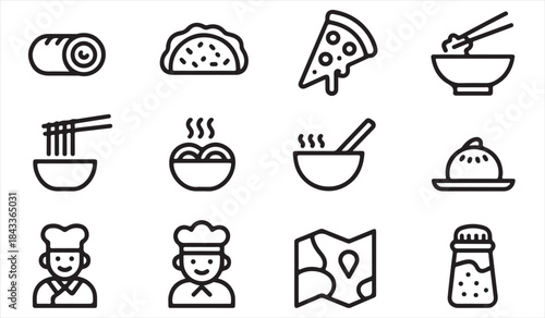Noodles sushi dumplings and chopsticks line icons