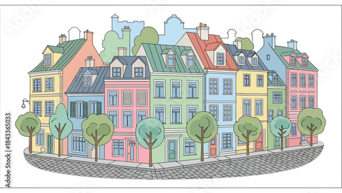 Charming colorful european townhouses in a row with trees and cobblestone street illustration