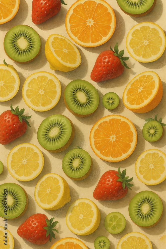 Obraz premium Repeating flatlay of sliced lemons, oranges, kiwis and strawberries arranged in a seamless artistic pattern.