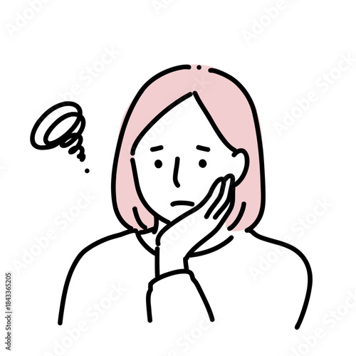 悩んで疲れている女性の手描き線画イラスト｜ストレス・睡眠不足