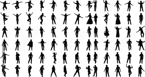 Silhouette people in dynamic poses, walking, dancing, jumping, gesturing, fashion styles, movement actions, vector illustration for animation and design