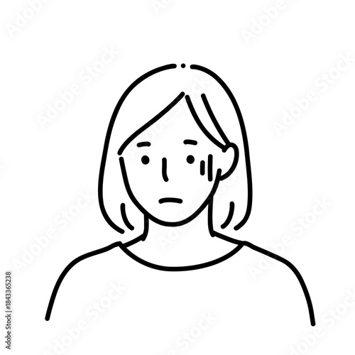 安や緊張で青ざめている女性のモノクロ線画イラスト