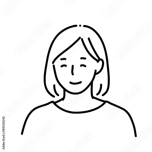 安心して微笑む女性のモノクロ線画イラスト