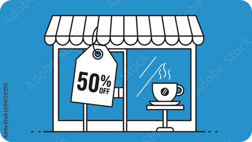 A storefront illustration displaying a sale tag with a steaming cup of coffee inside