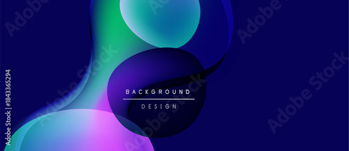 Abstract fluid shapes blend, creating vibrant gradients. Dark blue dominates background, accented by purple, teal hues. Modern design element.