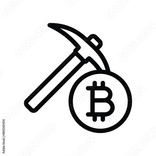 Minimalist cryptocurrency mining icon featuring a pickaxe and Bitcoin symbol, representing crypto mining, blockchain validation, and digital asset production