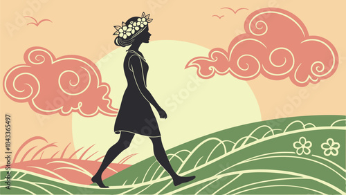 . Nature Walk: Woman Silhouette with Flower Crown on Hilltop at Sunset. Peaceful Spring/Summer Landscape