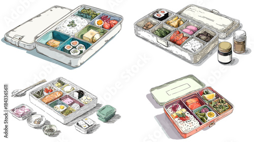 Hand drawn bento box illustration featuring compartments of rice, vegetables, proteins, sushi, and snacks in a clean organized food design.