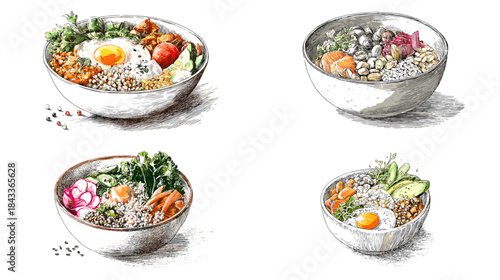 Hand drawn collection of grain bowls filled with vegetables, eggs, greens, and colorful toppings illustrated in a nutritious culinary sketch style.