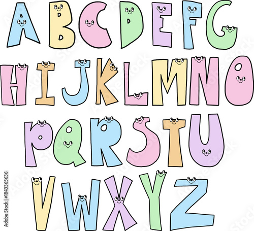 Hand drawn A to Z cartoon alphabet letter vectors with happy faces for font, typography, text, message, campaign badge, initials, name design, print, calligraphy, sticker, education book, emoji, icons