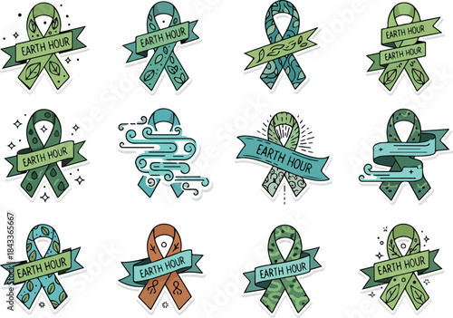 Collection of Earth Hour Ribbon Icons with Leaf and Nature Elements