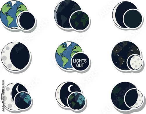 Lunar Eclipse Illustrations of Earth and Moon