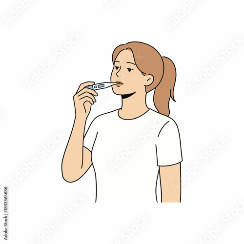 Woman Checking Body Temperature Fever Health Monitoring Medical Concept Minimal Vector Illustration