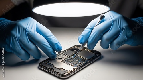 Technician's hands in blue gloves meticulously repair a disassembled smartphone under a bright light, showcasing intricate electronics maintenance and skilled technology service