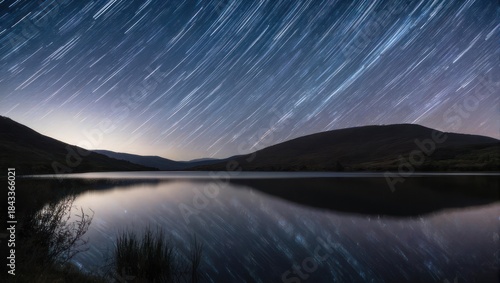 Star trails over a tranquil lake. Silhouettes of mountains meet a calm water's edge.  Long exposures capture the celestial ballet